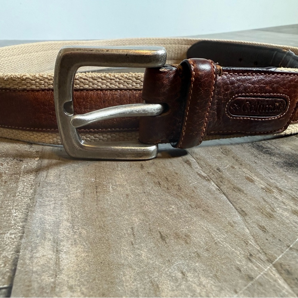 Columbia Genuine Leather Canvas Belt Brown‎ Tan Outdoor Rustic Classic Size 42